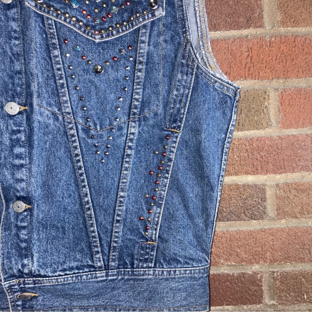 Size L - Kensie Jeans Studded Sleeveless Western Denim Jacket w. Rhinestones - Picture 6 of 10